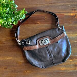 BRIGHTON | Leather Hobo Bag Two-Tone Black & Brown Silver Filigree Hardware